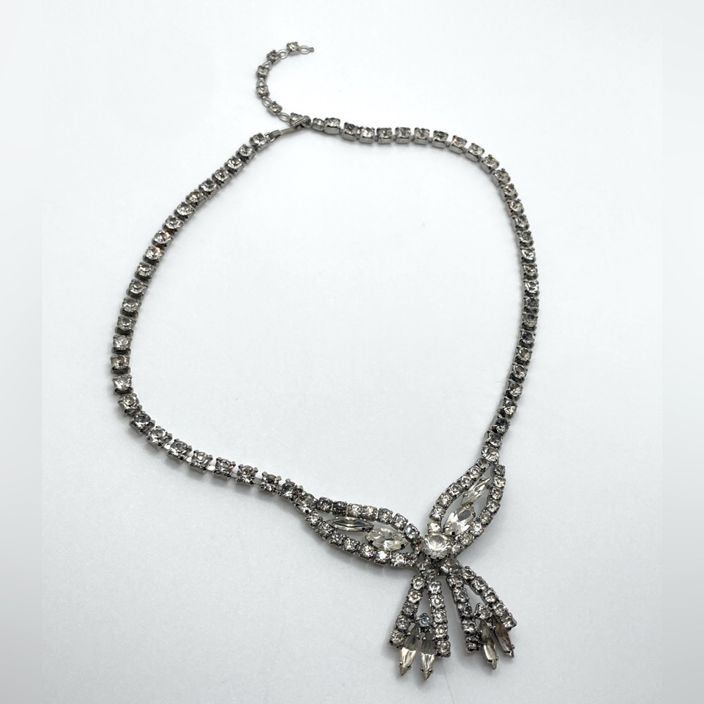 Vtg Art Deco Silver Tone Rhinestone Floral Bow  Choker Necklace 12” + 1.5”